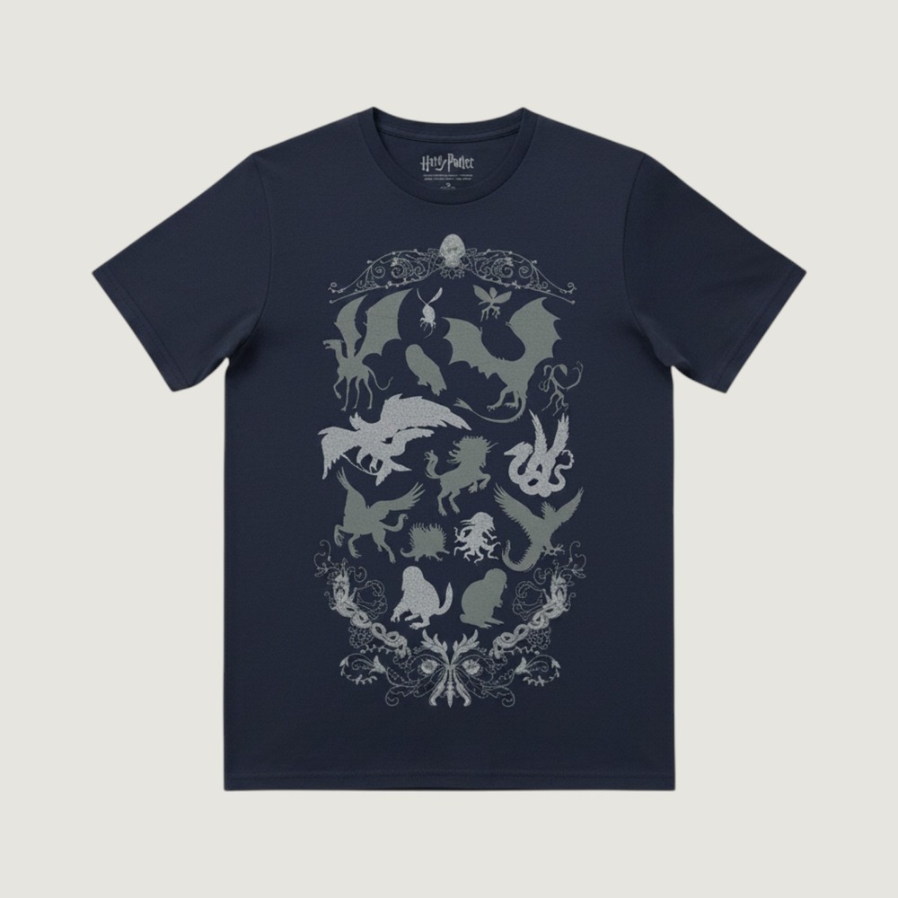 Harry Potter Mens Navy Blue Magical Creatures Graphic T-Shirt Cotton Size Medium